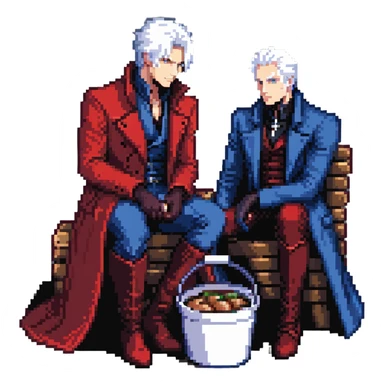 Dante and Vergil from Devil May Cry sitting together in a KFC family bucket, Dante in red coat, Vergil in blue coat, both with white hair sticker