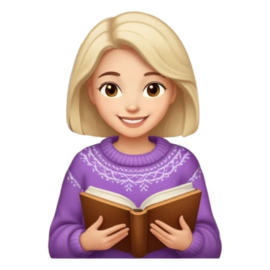 Woman wearing a cozy sweater, smiling kindly, with book sticker