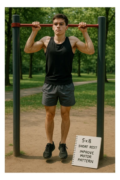 Giovane principiante dello streetlifting in un parco, fisico ancora asciutto, esegue lunghe serie di trazioni senza peso, con tecnica controllata. A terra, un taccuino con scritto '5x8 - riposo breve - migliorare schema motorio'. Espressione concentrata. Luce naturale, atmosfera educativa, senso di costruzione progressiva. sticker