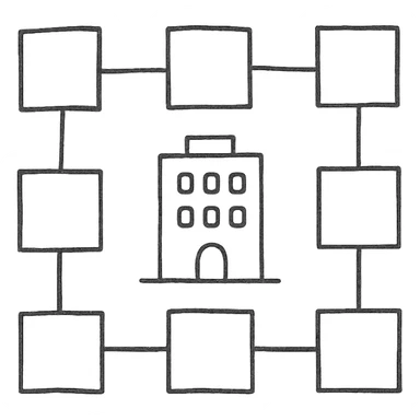 Matrix structure with a company icon in the center, hand-drawn and playful sticker