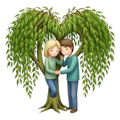 heart-shaped weeping willow tree with two people inside giving each other a comforting, caring, supportive hug, not romantic, with a small heart above them sticker
