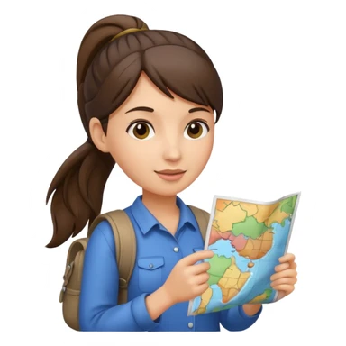 tourist brunette woman with ponytail holding map sticker