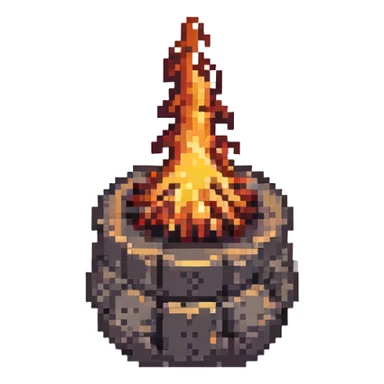 high contrast anvil with flames behind it, pixel art style sticker