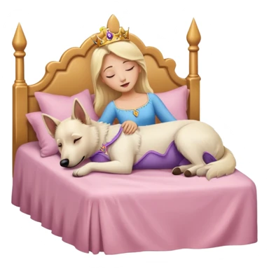 White Belgian shepherd dog with Brown eyes sleeping On a Princessbed with a blonde lady with blonde hair sticker