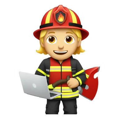 Blonde male person with a laptop in firefighter outfit with a fire axe sticker