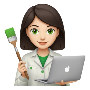 happy Graphic designer whit a MacBook, him eyes green color and dark brown hair, he is paint artist sticker