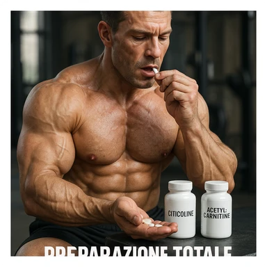 hyper realistic bodybuilder taking citicoline and acetylcarnitine before workout, well visible muscles, two bottles, text 'Preparazione totale', sporty atmosphere, realistic details sticker