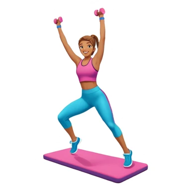 An energetic person performing an aerobics workout in a brightly lit gym, jumping and stretching with enthusiasm. The scene includes vibrant fitness equipment like dumbbells and exercise mats, with a background of cheerful, motivating colors, conveying energy and movement. sticker