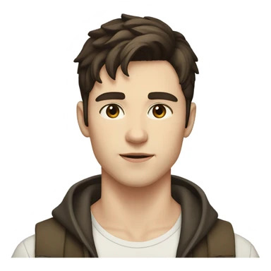 a handsome young man with short dark brown hair, pale skin and a scar between his eyebrows sticker