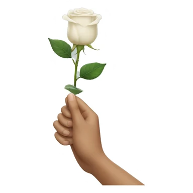 a hand coming out from the bottom of the screen, showing the back of his hand, which is holding a white rose from the stem sticker