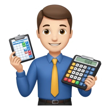 emoji, of a male AUDITOR smiling with Finance spreadsheet , a calculator,plus ADD A puzzle and a Balance for accounting. sticker
