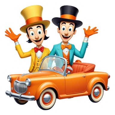 A vintage movie poster-style design with two goofy characters in outrageous outfits, showing exaggerated, silly expressions. Include elements like a goofy car, ridiculous props, and comical facial expressions. Retro comedic style with vibrant colors. Transparent background. sticker