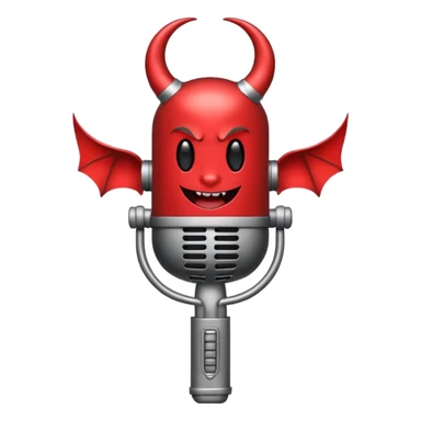 Minimalist emoji-style sticker of a classic retro microphone with small devil horns and a subtle tail wrapping the base. Grayscale with slight red accents.
 sticker