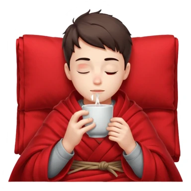 A European boy is sitting wrapped in a red blanket, drinking tea with his eyes closed. sticker