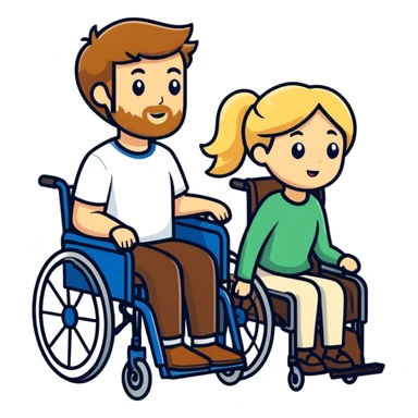 Brown haired man in a wheel chair with a beard with blonde haired mom pushing sticker