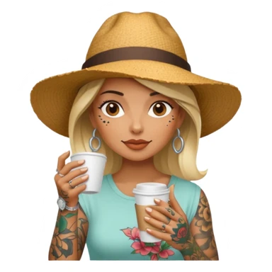 Tattooed lady in sunhat holding coffee cup sticker