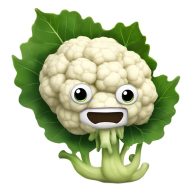 Cauliflower with cute big eyes holding a mirror, surrounded by leaves. sticker