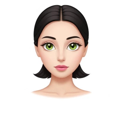 Front-facing portrait of a young woman with fair glowing skin, symmetrical features, light green almond-shaped eyes, long lashes, soft arched brows, straight refined nose, and full natural pink lips. Dark sleek hair pulled back with a middle part.  sticker