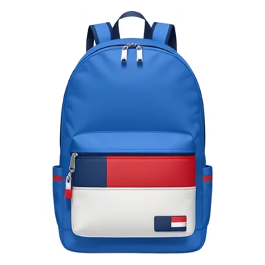 simple blue backpack, at the bottom pocket there is a  logo featuring a Tommy Jeans-inspired logo. The logo looks like a vertically-flag in one red, one white. The flag stripes are vertical, not horizontal. Flat

 sticker