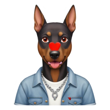 Generate a emoji of a big evil doberman dog with red eyes and a tongue sticking out, give the doberman a human body with a white shirt and baggy jeans, make the doberman have ear piercings and a septum ring sticker