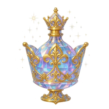 premium class crystal elixir bottle shaped like a crown, pastel gradient, lots of shine, facets, ornaments, golden details, magical effects, very small golden neck, transparent background, beautiful connected base, clearly floating in the air, no base or shadow, very luxurious, interesting design, fits a collection sticker