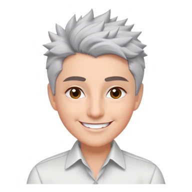 Close-up portrait of Marian Pabón with defined facial structure, light pinkish skin, almond eyes, arched eyebrows, charismatic wide smile, short spiky gray hair, wearing a formal white buttoned shirt sticker