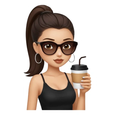 generate a pretty fair bratz girl with dark brown eyes, dark brown eyes tied into a slick back ponytail, thin brown sunglasses. Wearing a black cami top and drinking coffee, high cheekbones sticker