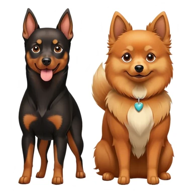 Doberman Pinscher and Pomeranian Spitz standing side by side. The Doberman has a sleek black and tan coat with alert ears, while the Pomeranian has a fluffy orange coat and a joyful expression. Beautiful natural background, with a clear blue sky and green grass. Transparent background. sticker