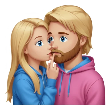 Pretty-long blonde hair blue eyed-girl-wearing a pink hoodie- facing a reddish brownish hair and beard-blue eyed-white male whose holding her face kissing  sticker