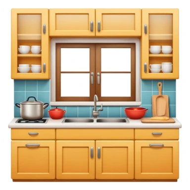 A cozy home kitchen in clean emoji-style illustration. Warm colors, simple shapes, homemade dishes on the counter, friendly atmosphere, flat design, high contrast, clear outlines. sticker