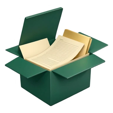3D minimal open box with papers and documents floating out, matte finish, deep green (#0B3D2C) box, cream (#F5F5DC) papers, gold (#C9B037) subtle glow, Apple style, clean and premium, soft shadow, transparent background sticker