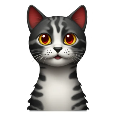 a cat with black and red coloring and eyes like a crocodile sticker