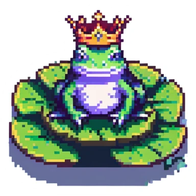 pixel art crowned frog, sitting on a lily pad sticker