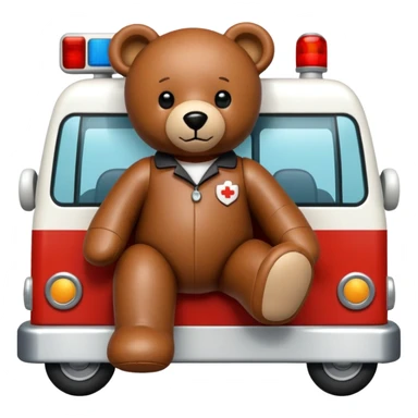 a leather teddy bear inside an ambulance driving an ambulance sticker