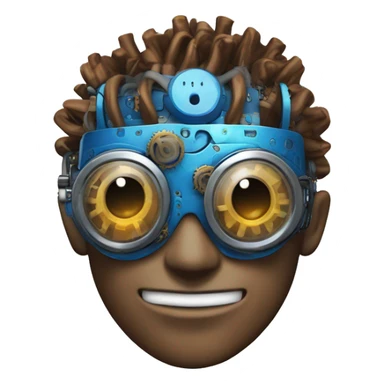 Brown cyborg head with blue Mohawk, blue beard, silver steampunk monocle goggles a smile and circuits sticker