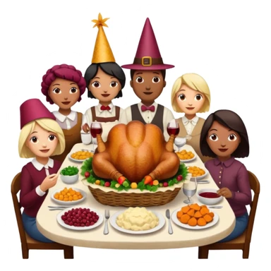Thanksgiving Dinner with 10 people of different races around the table; have the food be a cooked turkey, mashed potatoes, corn, a basket of biscuits, a small bowl of cranberry sauce, baked yams, steamed vegetables, and a bottle of wine. sticker