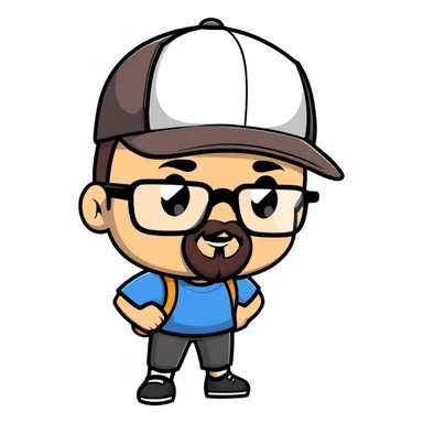 adventurer with goatee beard (no beard on cheeks), short hair, glasses and backwards baseball cap sticker