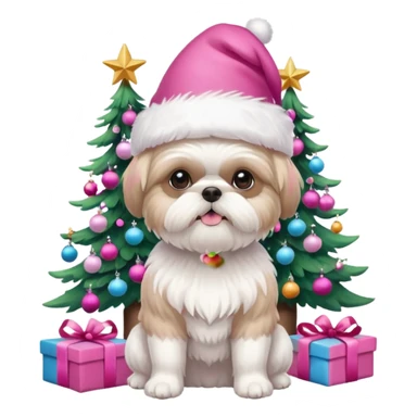 one little white all over shih tzu dog with pink santa hat with short hair sitting next to pink christmas tree sticker