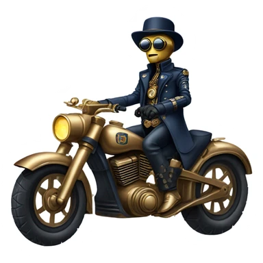 C-3PO wearing a pair of navy-blue sunglasses, hat, leather chaps, fringe jacket riding a steampunk motorcycle on ice  sticker