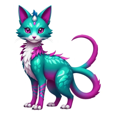 Kawaii cute colorful iridescent dark-turquoise-green and magenta and white beautiful pretty elegant divine edgy feline-vernid-sergal-Fakémon-Pokémon-fursona-animal-creature with accessories, full body, with intricate detailed markings sticker