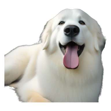 great pyrenees tongue out in car with green harness sticker