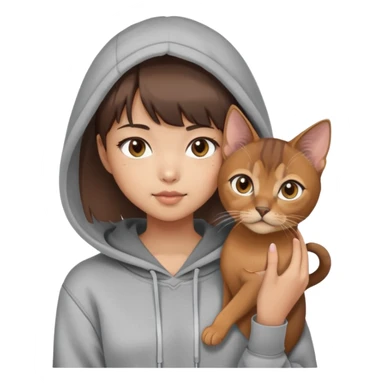 a asian girl with short brown hair and bangs holding an Abyssinian cat， wearing grey hoodie sticker