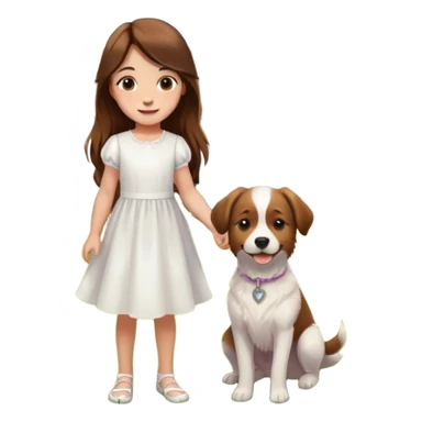 1girl, dog, dress, brown_hair, outdoors, realistic, grass, flower, sunlight, looking_at_viewer, smile, solo, long_hair, brown_eyes, white_dress, house, standing, day, animal sticker