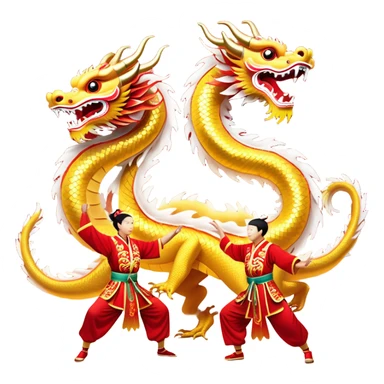 Cinematic Realistic scene of a Chinese Dragon Dance featuring performers energetically holding a vibrant dragon model aloft, with intricately detailed scales and dynamic flowing costumes, illuminated by festive red and gold lighting that captures the spirit of celebration. sticker
