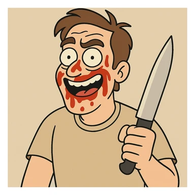 cartoon man holding a knife with ketchup smeared on his face, humorous and exaggerated, clear facial expression, no violence, neutral background sticker