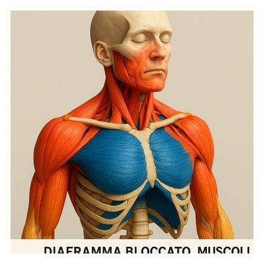 vista 3D del busto con diaframma bloccato, muscoli del collo e scapole sovraccaricati, colori vivaci, didascalia in italiano sticker