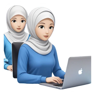 computer engineer with white hijab wearing blue outfit, with her metaverse creation coming to life around her, digital elements and code escaping from the screen behind her, virtual objects and holograms materializing in 3D space around her, laptop in front of her, her digital world extending beyond the screen into reality sticker