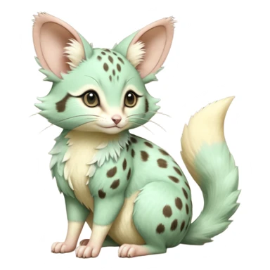 Light-green, soft realistic romantic vintage antique divine beautiful elegant pretty precious cute young youthful  Fakémon-Pokémon-opossum-feline-mouse-serval-caracal-chinchilla-Minccino-Cinccino-Meowstic-rodent-hybrid-creature with a big fluffy bushy tail (full body) sticker