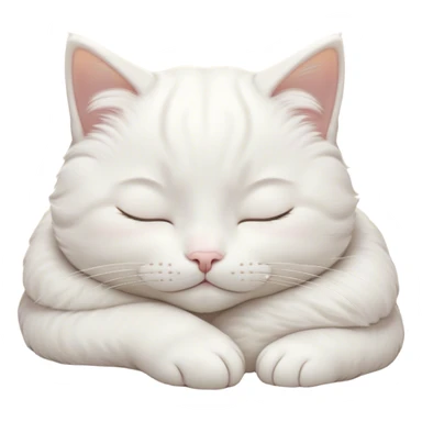 Meme-Worthy Cute Sleeping White Cat Portrait Emoji, Head peacefully tilted with a tender, contented smile and eyes gently closed in serene slumber, featuring a pristine white fur with subtle, delicate silver accents, simplified yet irresistibly adorable, highly detailed, glowing with a soft, drowsy radiance, high shine, exuding calm, heartwarming charm, styled with a gentle, soft glowing outline, capturing the essence of a sleeping white cat that seems destined to become the next viral icon of adorable repose! sticker