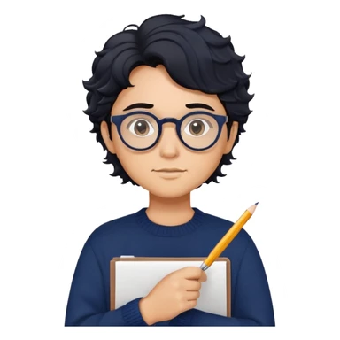 Reliable-looking designer with wavy black hair, round glasses, navy blue sweater, organized, holding pen with competent expression sticker